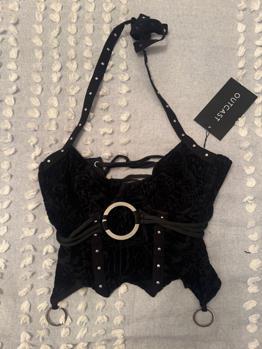 OUTCAST Black Velvet Ring-Accent Halter Corset Camisole